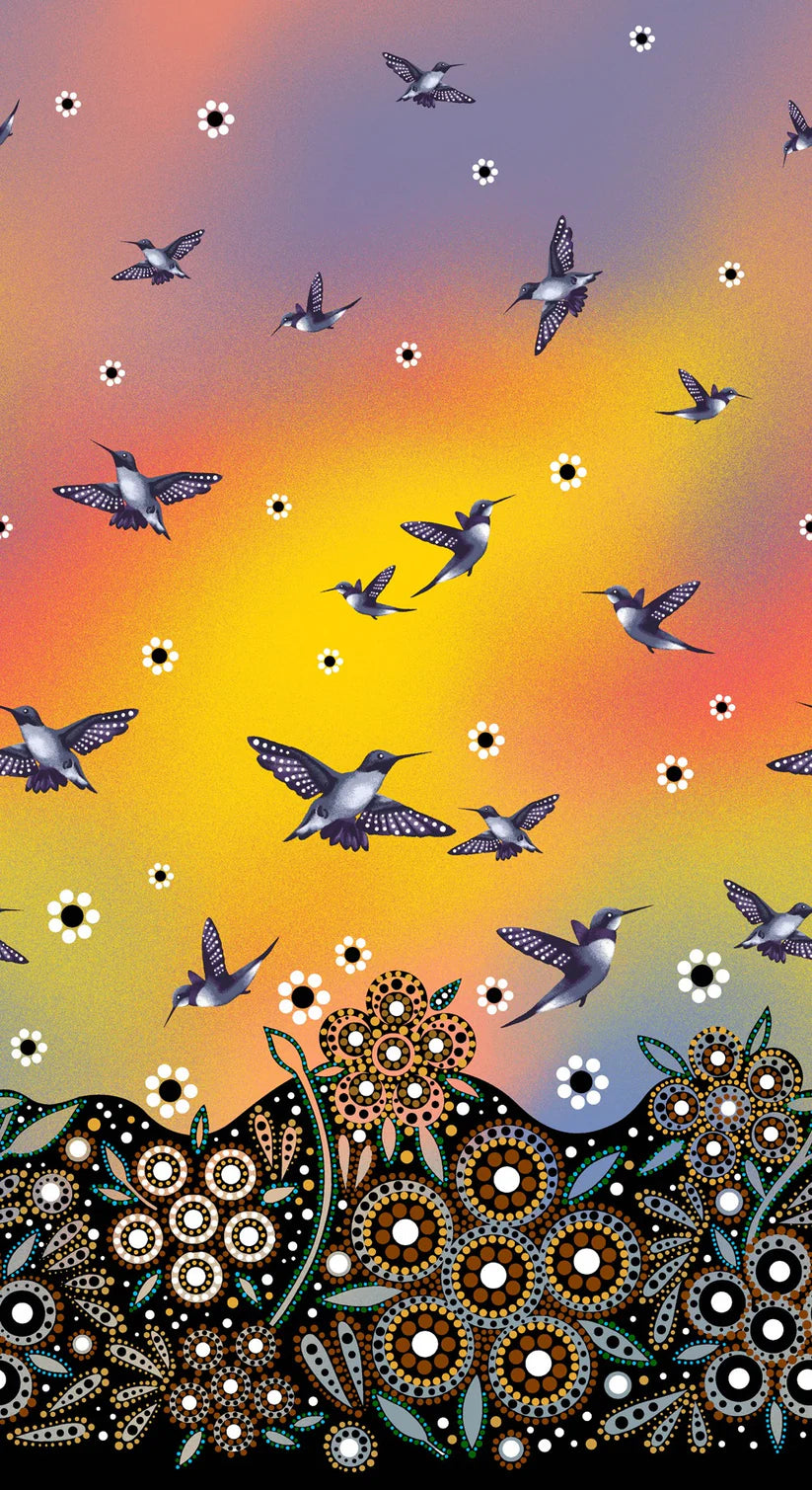 Colorful design with hummingbirds and flowers on a gradient background