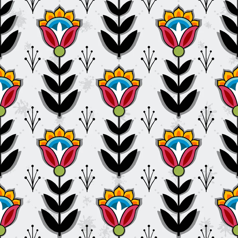 Pattern of colorful floral designs on a white background