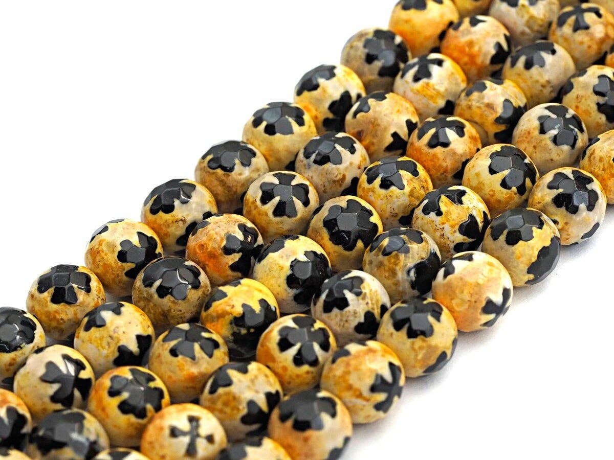 Black Yellow Agate Flower Pattern Beads