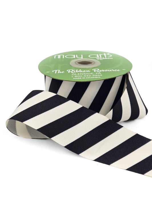 2" Black & White Modern Diagonal Stripe Grosgrain Ribbon