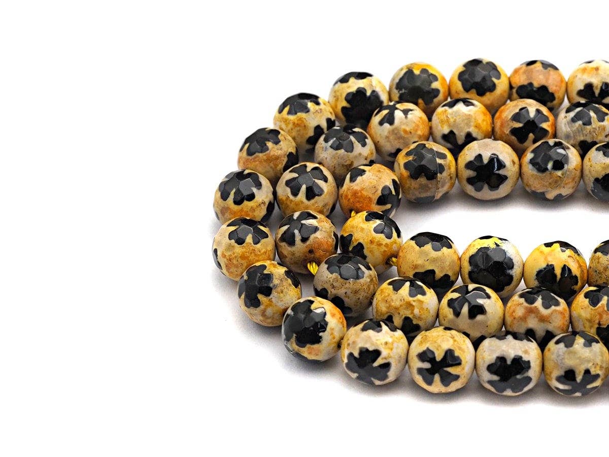 Black Yellow Agate Flower Pattern Beads