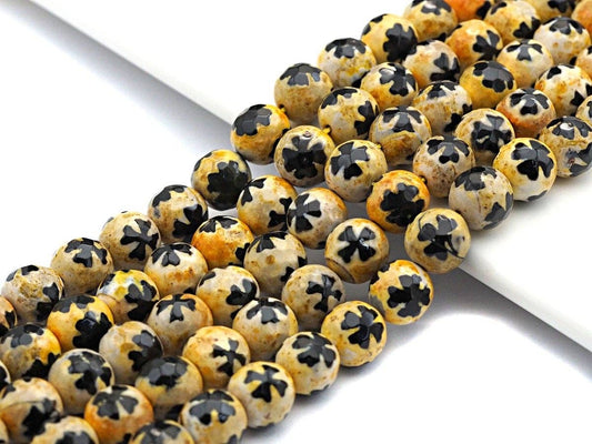 Black Yellow Agate Flower Pattern Beads