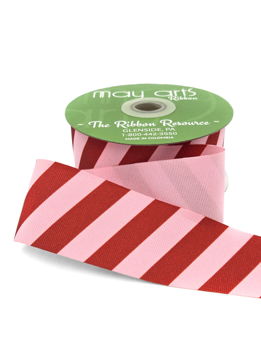 2" Red & Light Pink Modern Diagonal Stripe Grosgrain Ribbon