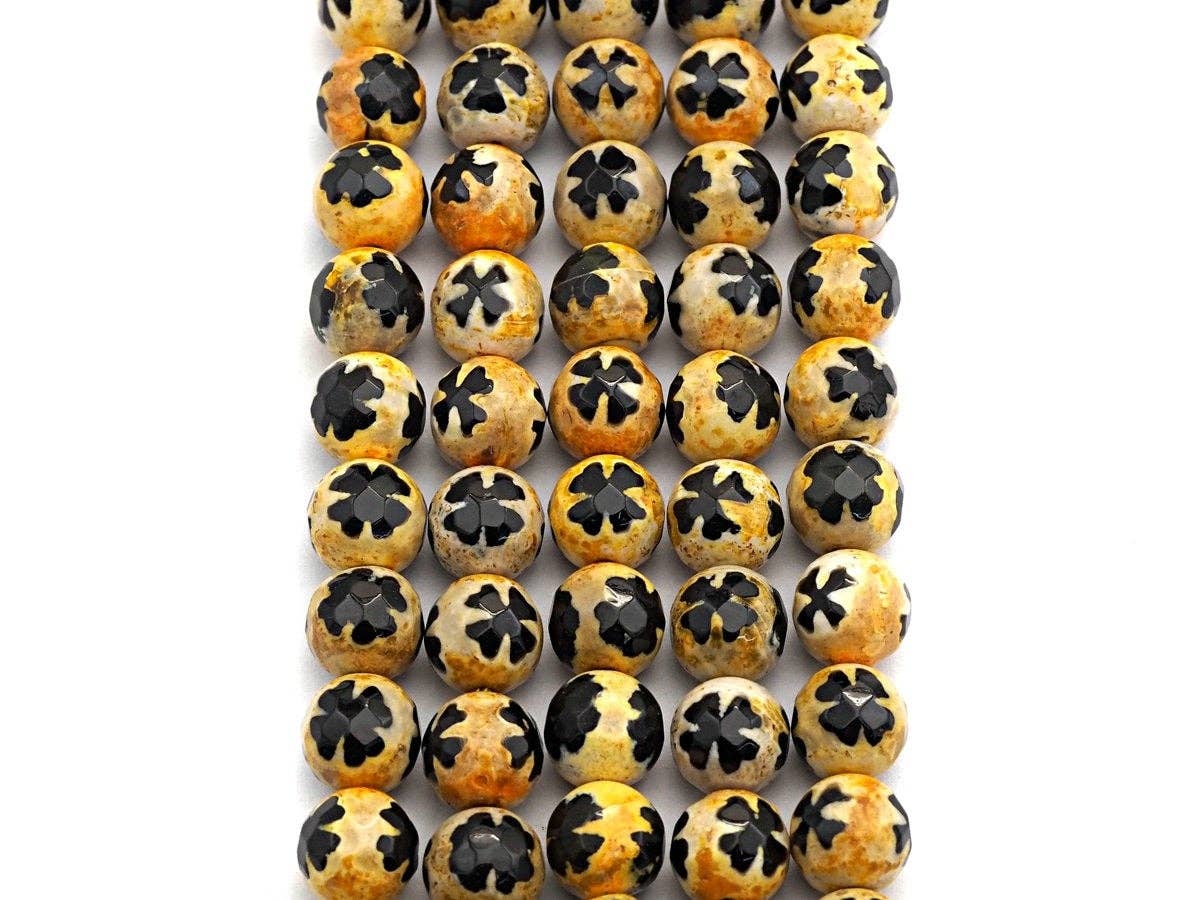 Black Yellow Agate Flower Pattern Beads