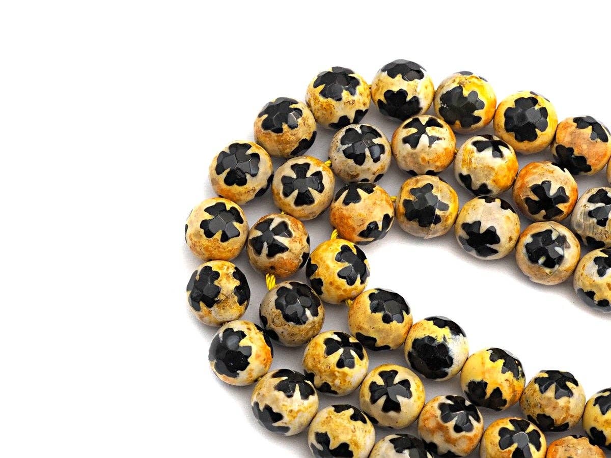 Black Yellow Agate Flower Pattern Beads
