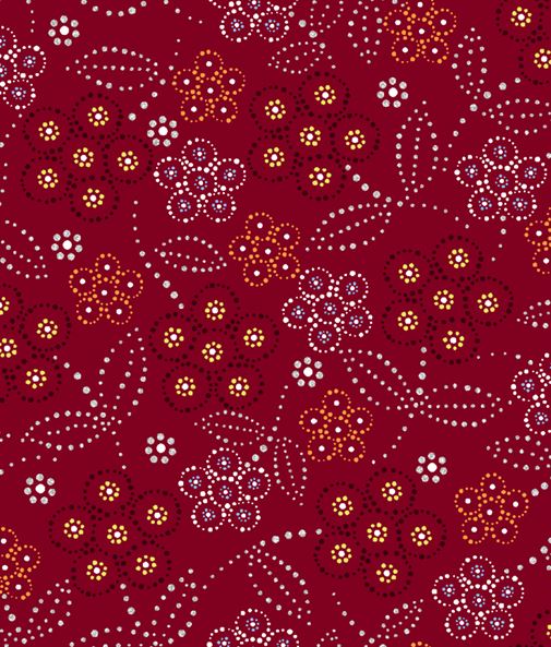 Floral pattern with red, orange, and white colors on a red background