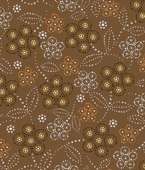 Floral pattern with brown, orange, and white flowers on a brown background