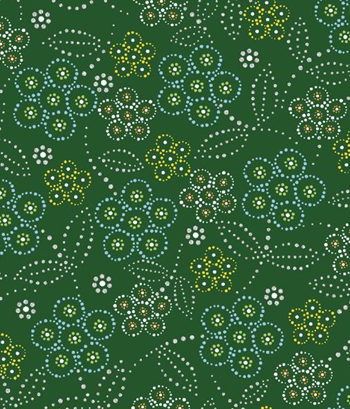 Floral pattern with small flowers and dots on a green background