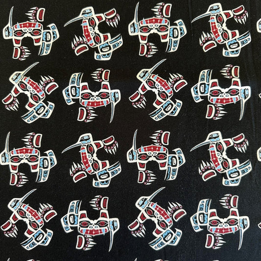 Pattern of bears with red, white, and blue colors on a black background.
