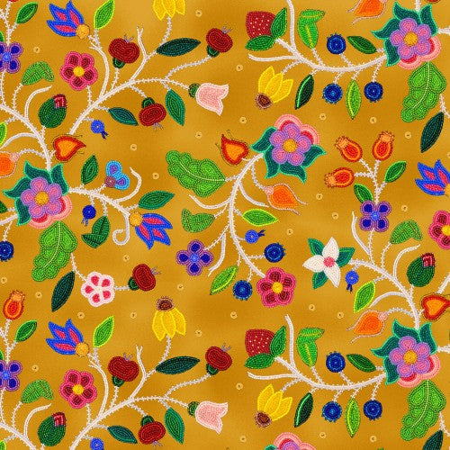 Colorful floral and leaf pattern on a yellow background
