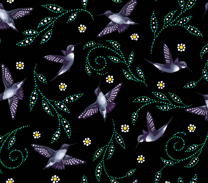 Pattern of hummingbirds and flowers on a black background