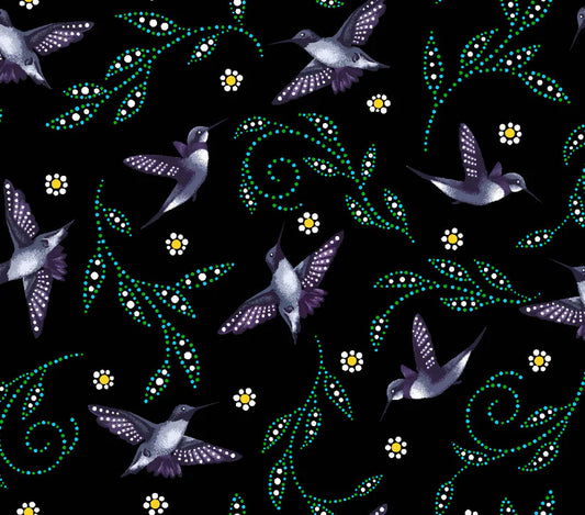 Pattern of hummingbirds and flowers on a black background