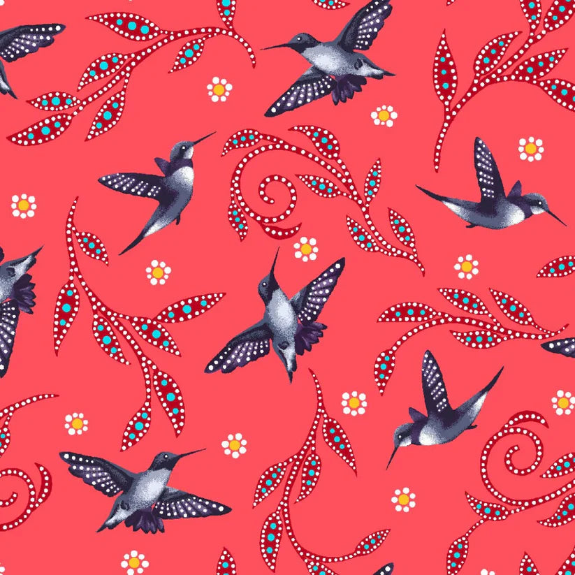 Pattern of hummingbirds and floral elements on a red background