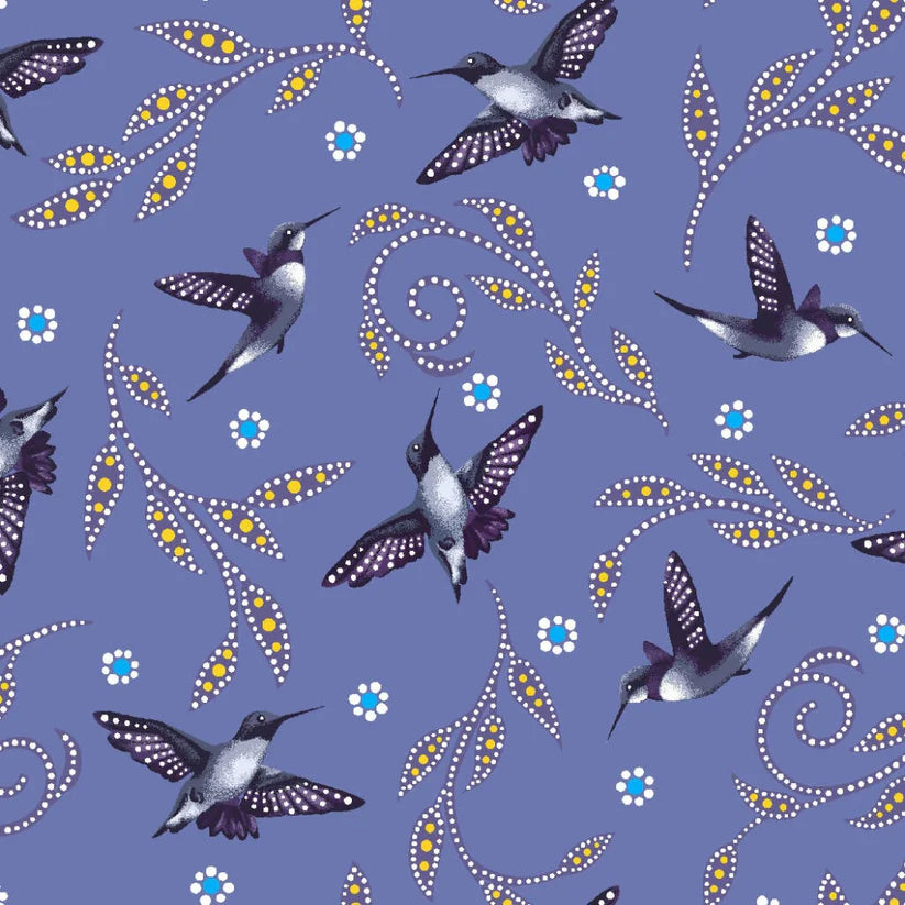 Pattern of hummingbirds and floral elements on a purple background