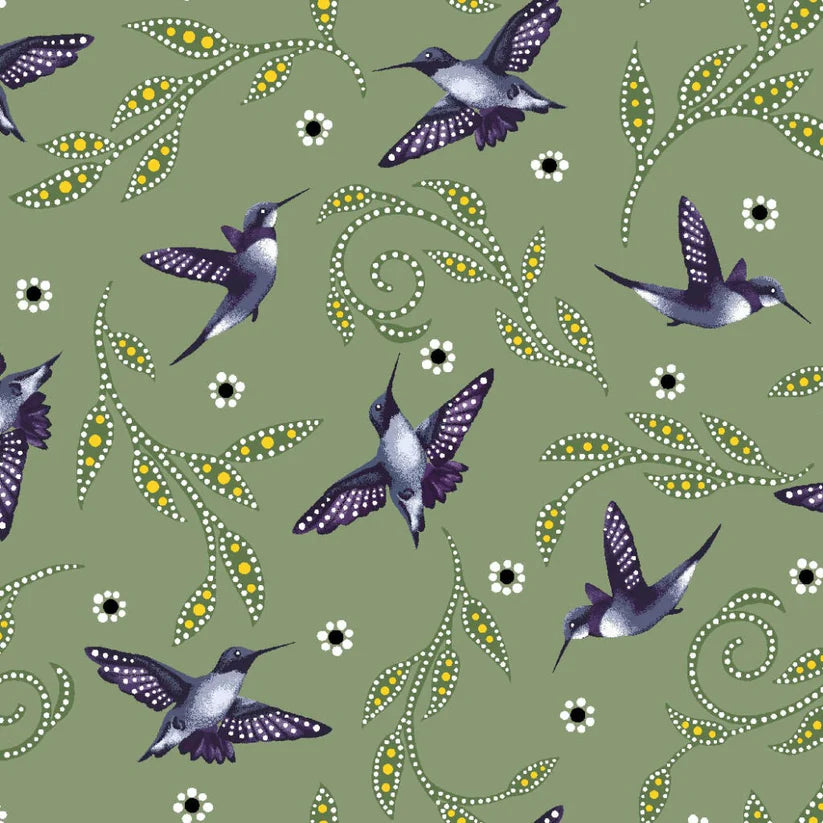 Pattern of hummingbirds and floral elements on a green background