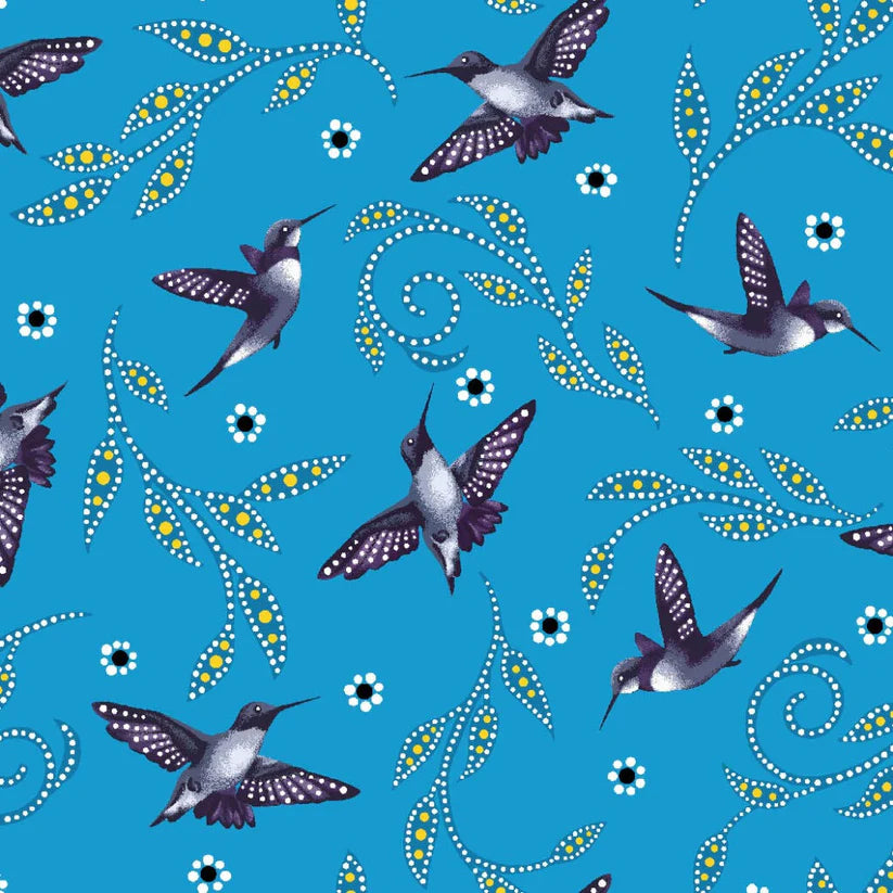 Pattern of hummingbirds and floral elements on a teal background