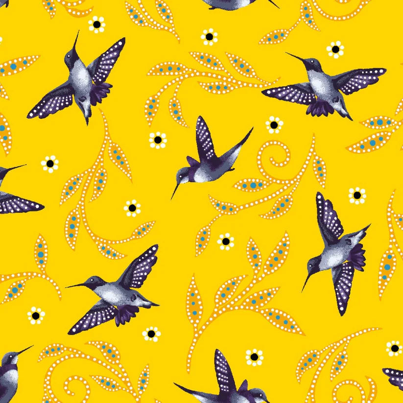 Pattern of hummingbirds and flowers on a yellow background