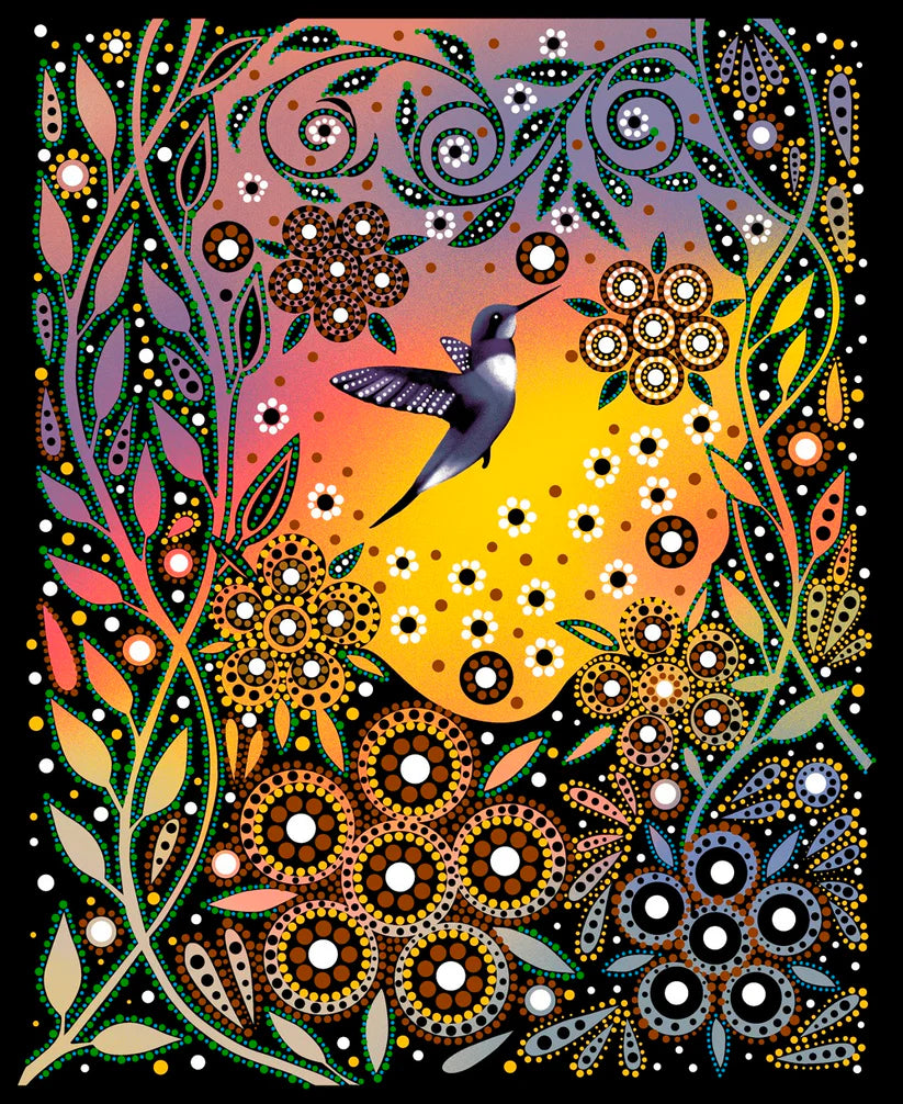 Colorful illustration of a hummingbird among flowers and leaves