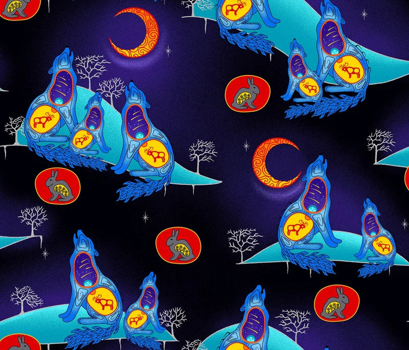 Colorful pattern with blue creatures, red circles, and orange crescent moons on a dark background.