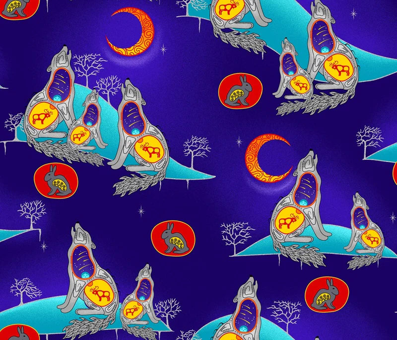 Pattern of wolves and moon phases on a blue background