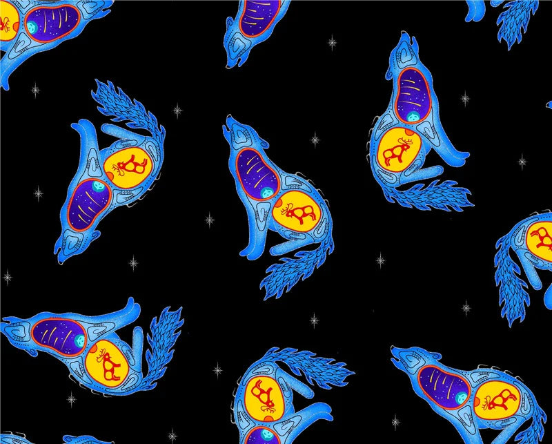 Pattern of blue astrological signs with colorful symbols on a black background