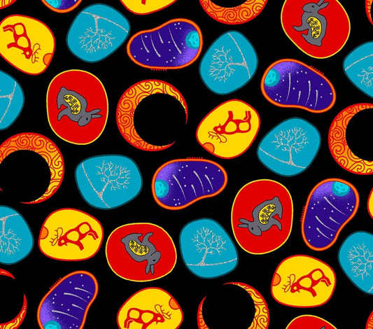 Colorful pattern of abstract shapes and symbols on a black background