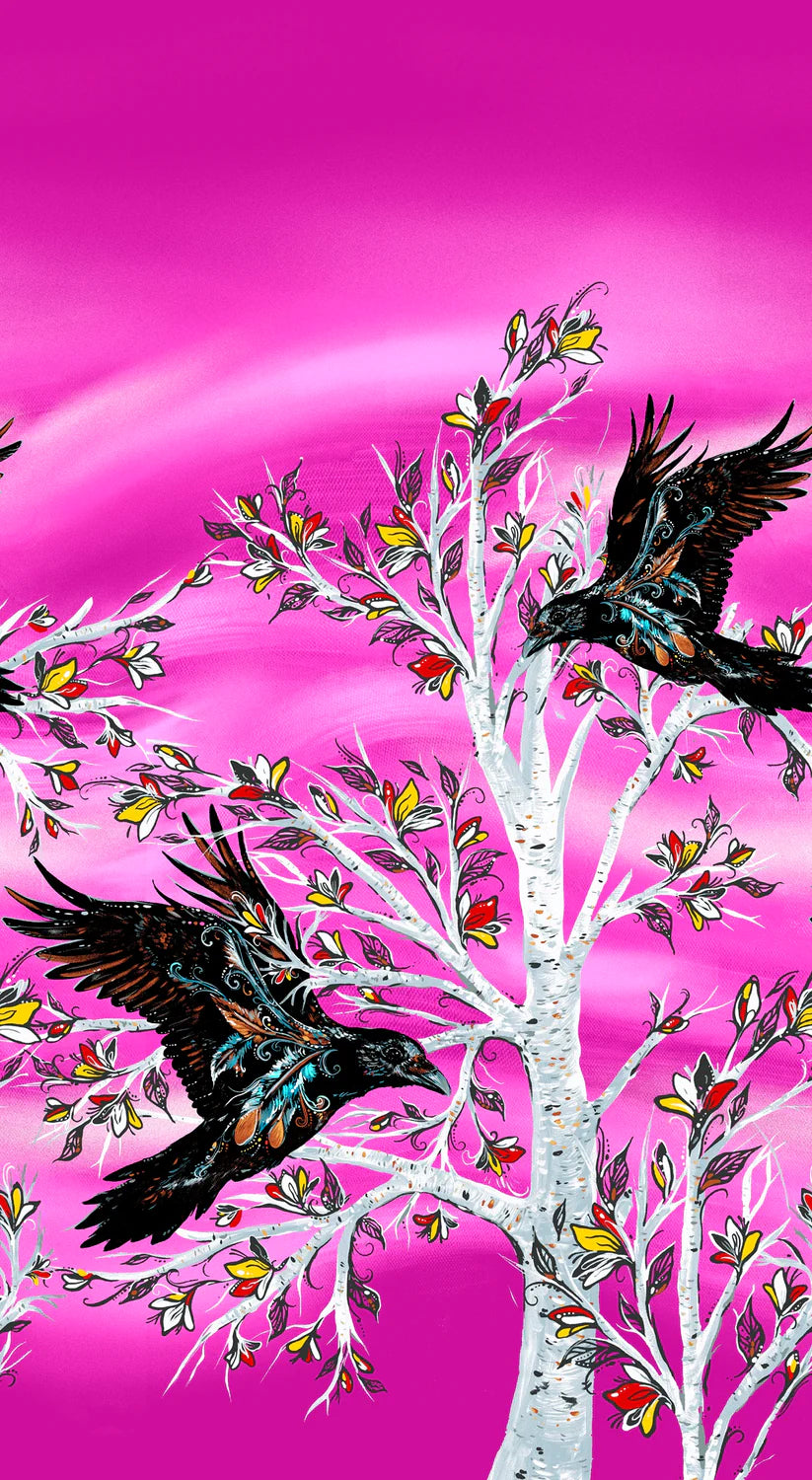 Two ravens perched on a white tree with colorful leaves against a pink background