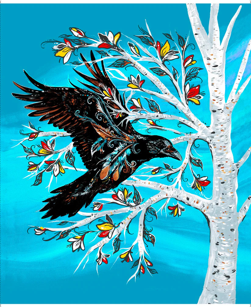 Black raven perched on a white tree with colorful leaves against a blue background