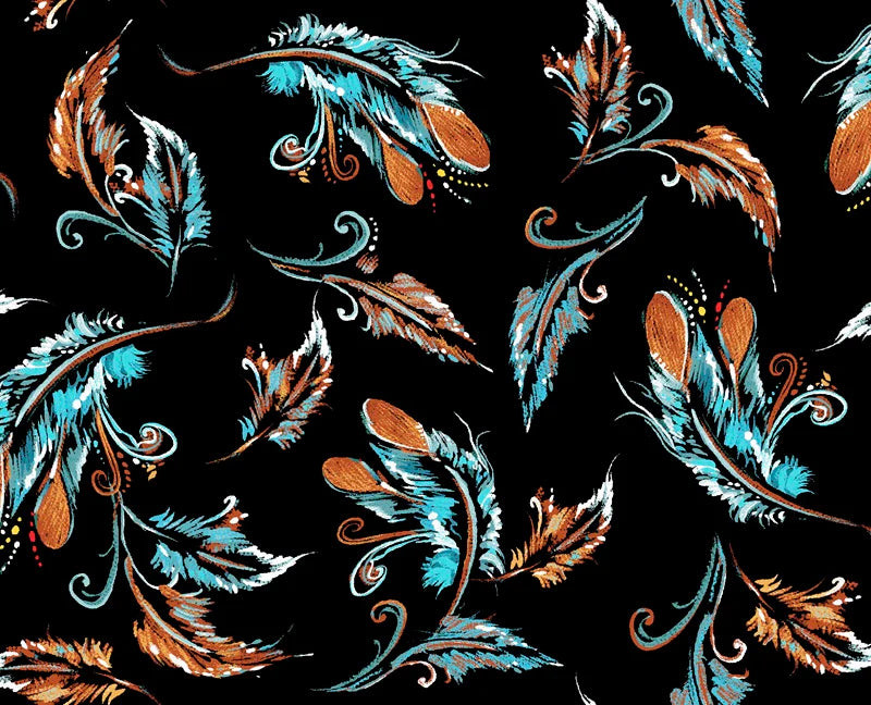 Pattern of feathers in blue and brown on a black background