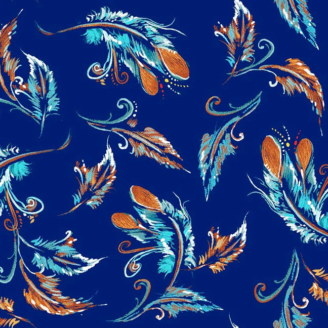 Pattern of feathers in blue and orange on a blue background