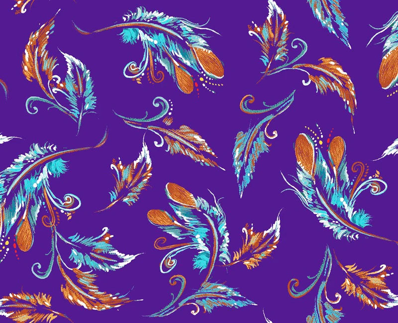 Colorful feather pattern on a purple background