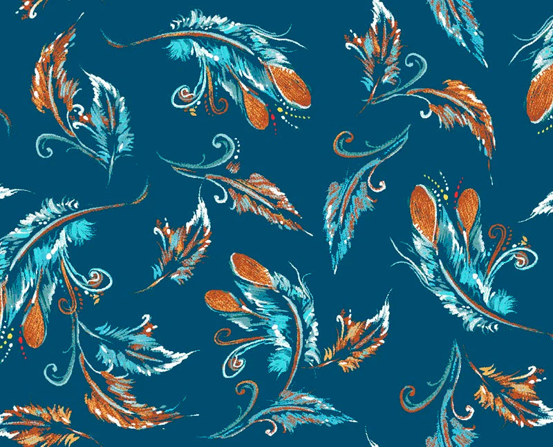 Feather pattern with blue and orange colors on a blue background