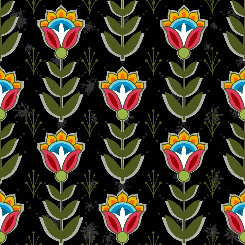 Pattern of colorful floral designs on a black background
