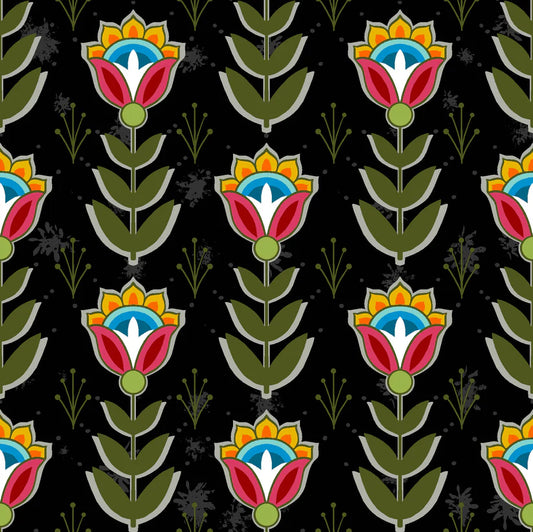 Pattern of colorful floral designs on a black background