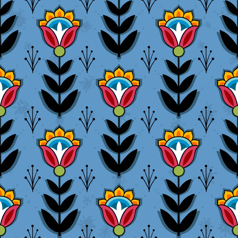 Pattern of colorful flowers with black leaves on a blue background