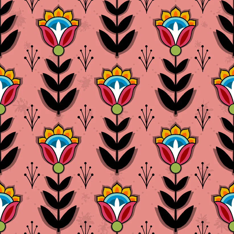 Pattern of stylized flowers with black leaves on a coral pink background