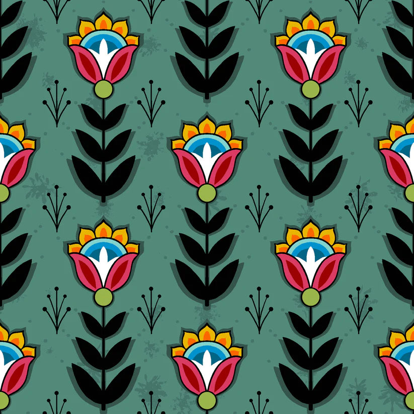 Pattern of colorful floral designs on a teal background