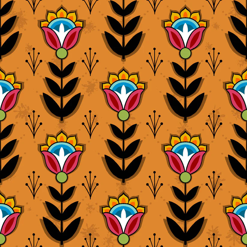 Pattern of stylized flowers and leaves on a orange background