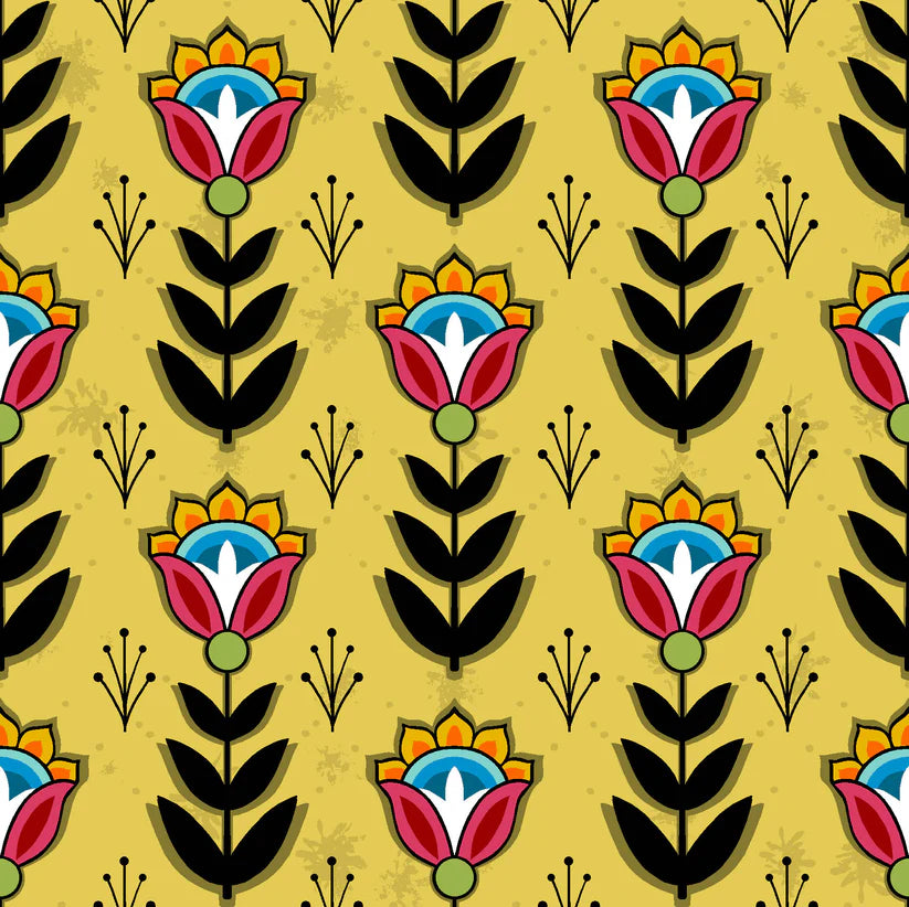 Pattern of stylized flowers and leaves on a yellow background