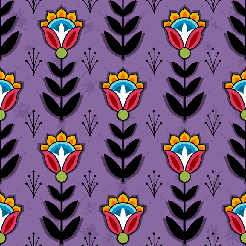 Pattern of stylized flowers with colorful centers on a purple background