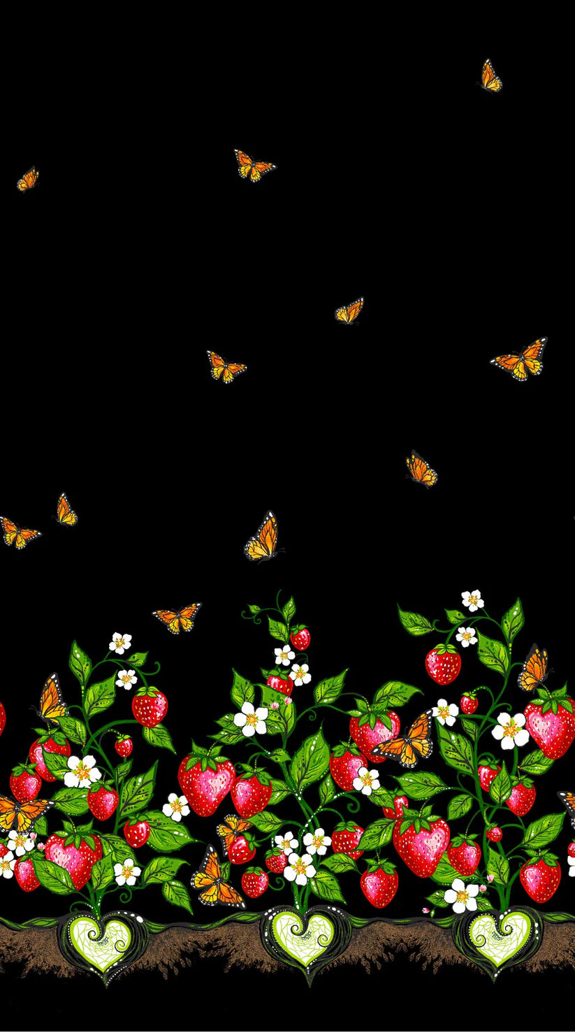 Decorative border with strawberries, flowers, and butterflies on a black background