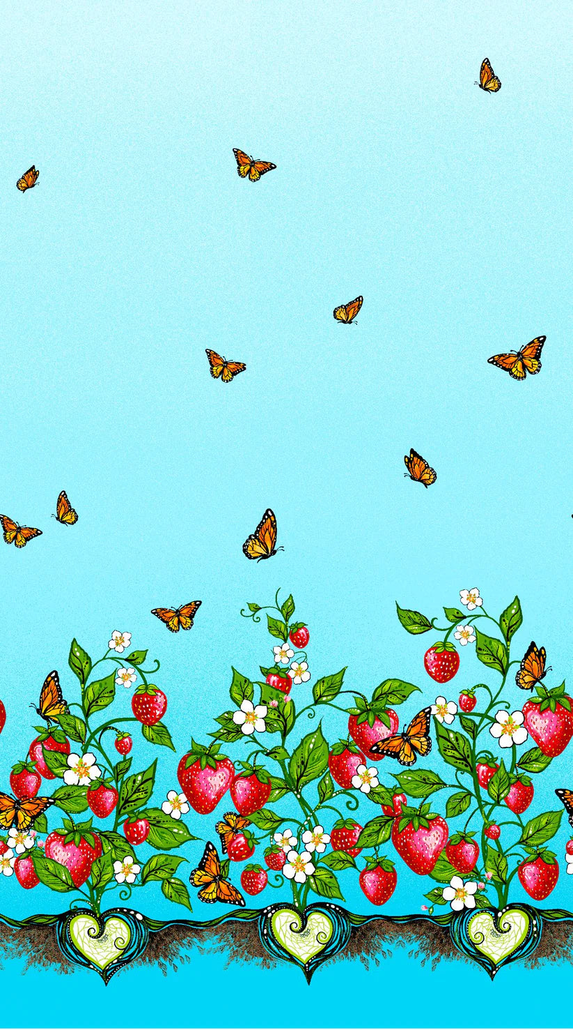 Illustration of strawberries and butterflies on a blue background
