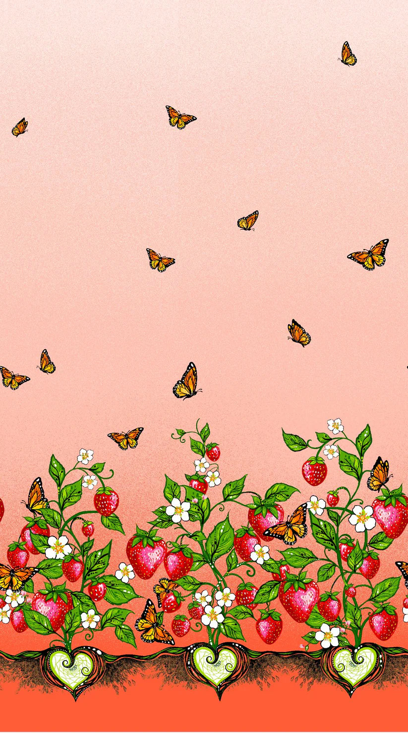 Illustration of strawberries with butterflies on a pink background