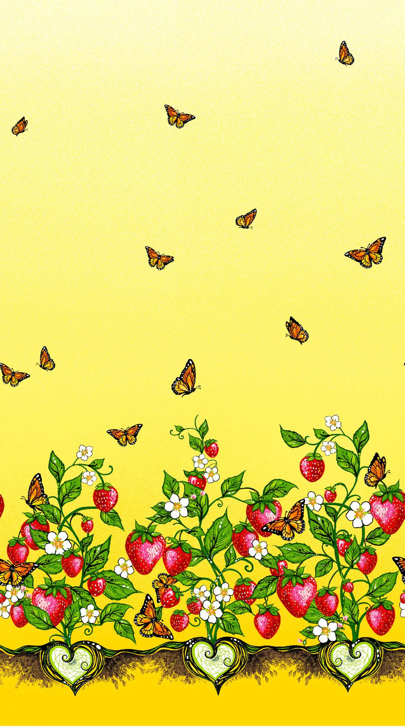 Illustration of strawberries with butterflies on a yellow background