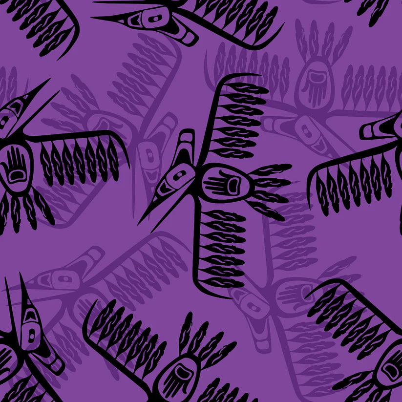 Black bird illustrations on a purple background