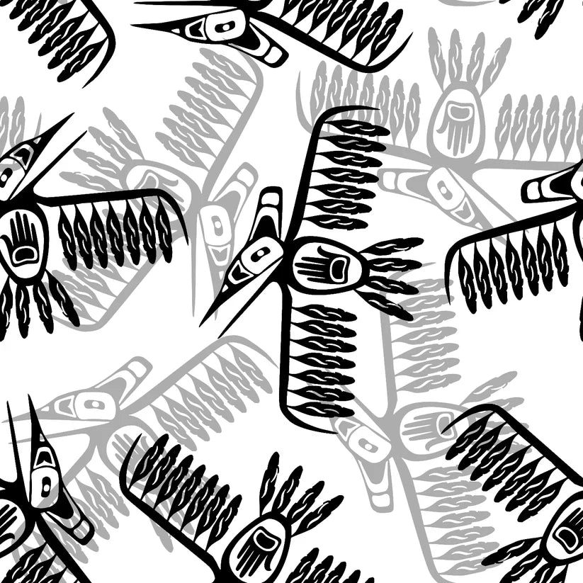 Black and white pattern of stylized birds and leaves on a white background